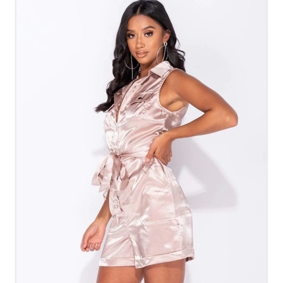 LIGHT PINK SATIN PATCH POCKET BUTTON FRONT SELF BELT PLAYSUIT - Picture 6 of 8